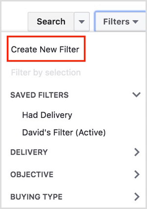 managerul de reclame facebook creează un filtru nou