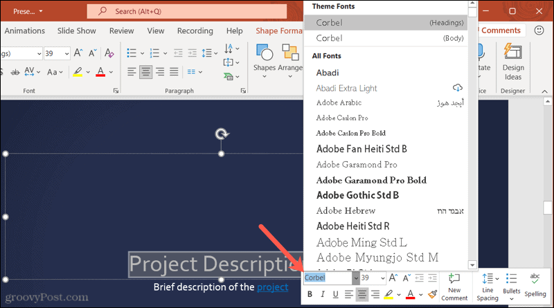 Fonturi în bara de instrumente din PowerPoint pe Windows