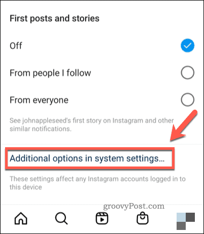 Deschideți setările de sistem pentru notificări în Instagram