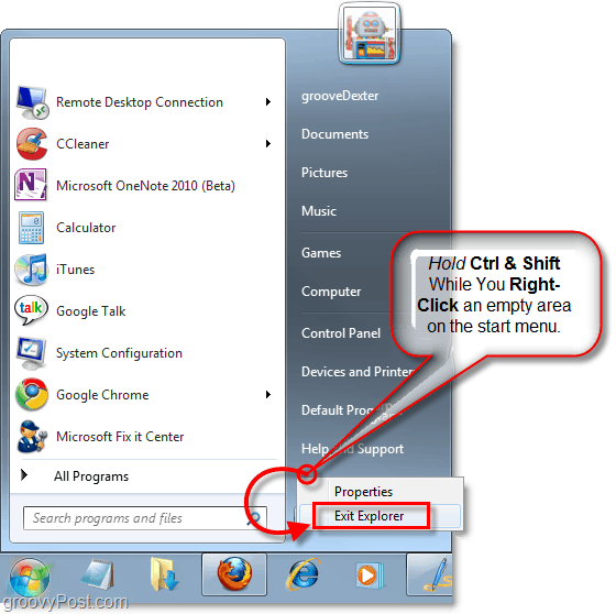 țineți tastele și faceți clic dreapta pe meniul Start pentru a ieși din explorator în Windows 7