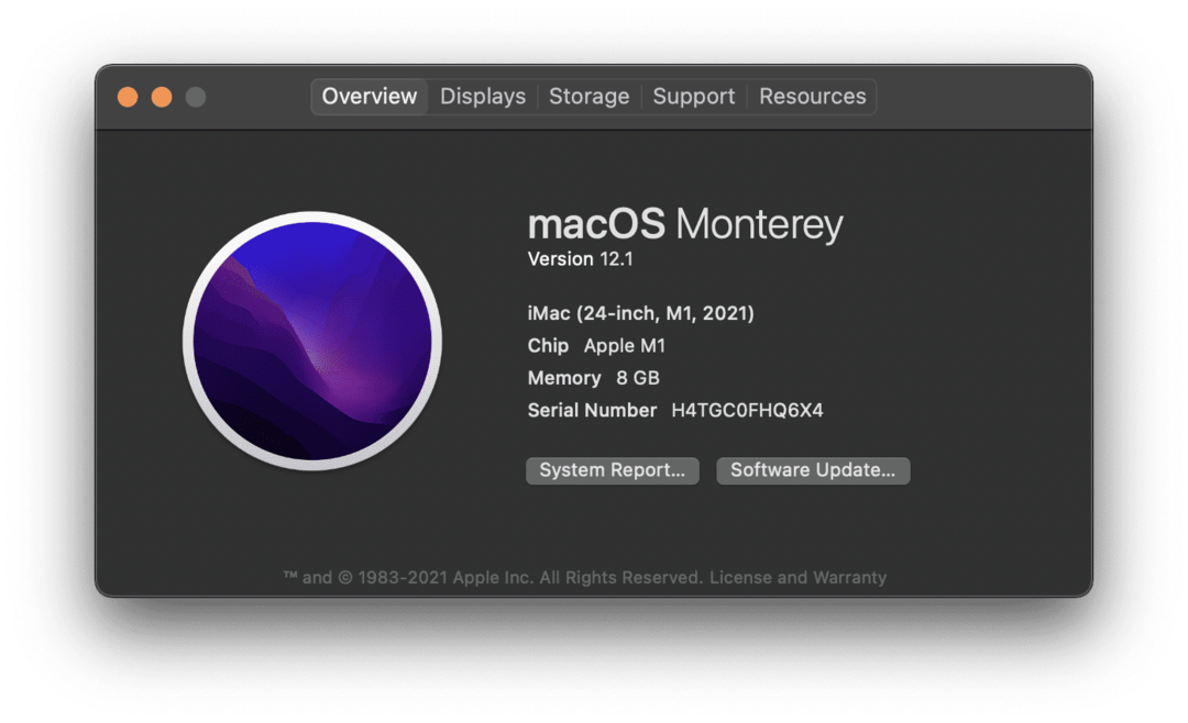 Pagina Despre acest Mac pe un iMac M1