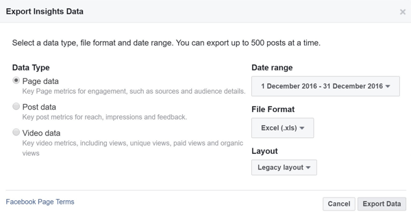 Alegeți tipul de date, intervalul, formatul fișierului și aspectul pentru datele dvs. Facebook Insights.