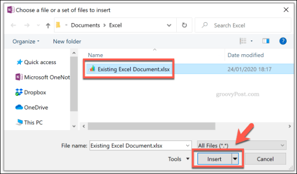 Adăugarea unui fișier Excel ca fișier atașat în OneNote