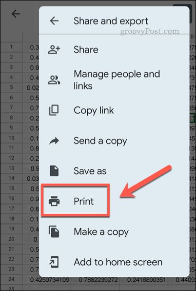 Deschideți meniul de printare Google Sheets pe mobil