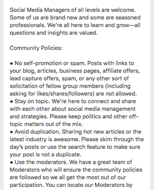 Iată un exemplu de reguli de grup Facebook.