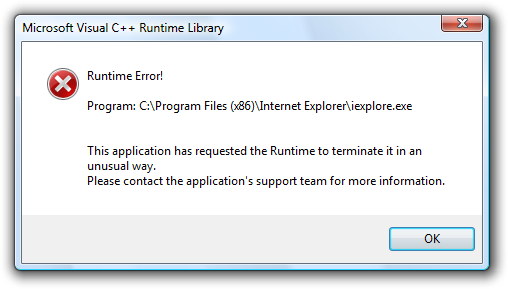 Internet Explorer 8 (IE8) Microsoft Visual C ++ Runtime Library: Eroare de execuție!
