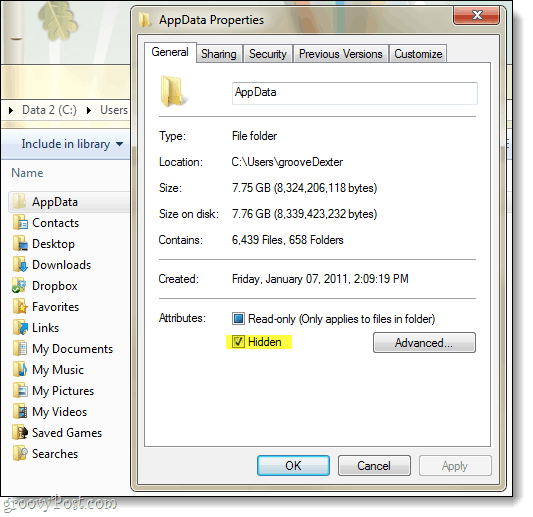 date de aplicație ascunse în Windows 7