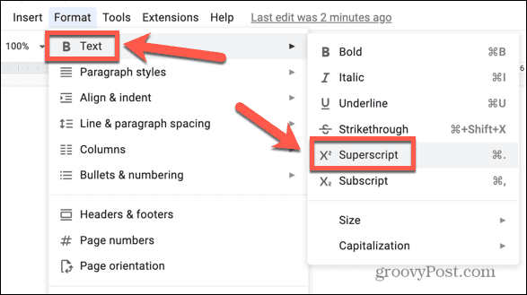 superscript în format google docs