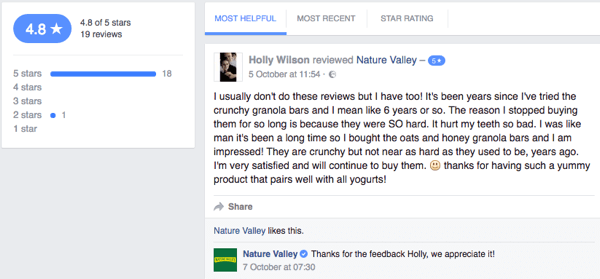 Un client din Nature Valley lasă o recenzie a clientului pe pagina de Facebook a companiei.