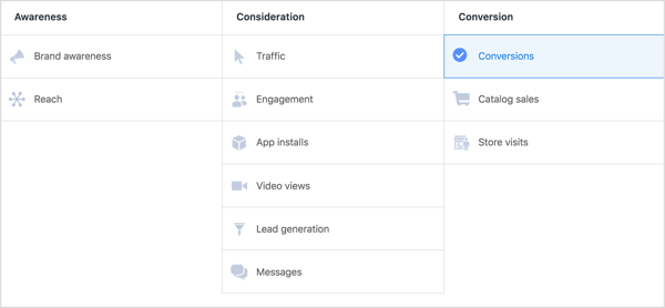 Selectați obiectivul Conversii pentru o campanie Facebook.