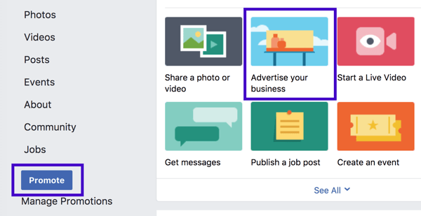 Puteți configura o promoție de afaceri locale Facebook din bara laterală din stânga sau din opțiunile de postare a paginii.