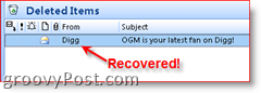 E-mail șters definitiv care arată că a fost recuperat în dosarul Elemente șterse