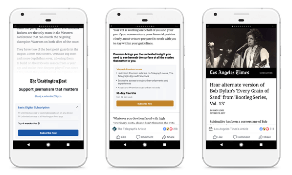 Facebook testează modele de paravan de plată și abonament pentru articole instantanee cu un grup mic de editori din SUA și Europa.