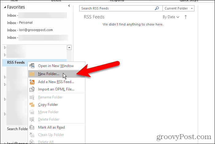 Selectați Folder nou în folderul RSS Feeds din Outlook