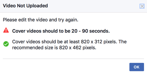 Dacă videoclipul dvs. de copertă nu îndeplinește deja standardele tehnice Facebook, nu îl veți putea încărca direct ca videoclip de copertă al paginii dvs.