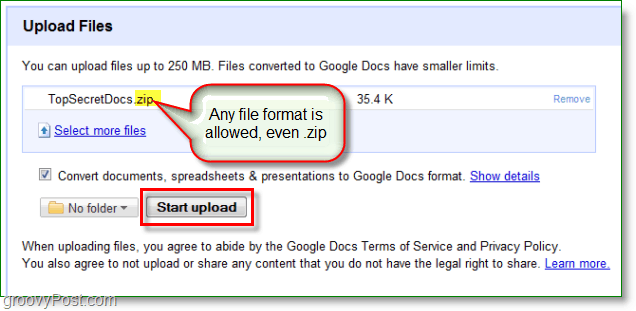 Captură de ecran Google Docs - a încărcat un zip