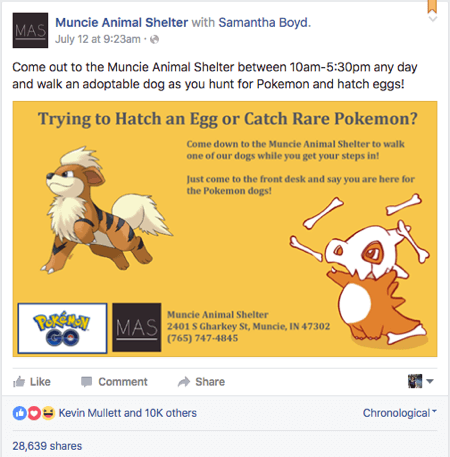 pokemon go muncie adăpost pentru animale