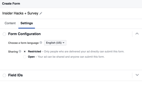 Puteți selecta o limbă pentru formularul dvs. de plumb Facebook.