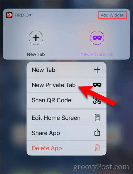 Apăsați lung pictograma Firefox și selectați Noua filă privată pe iOS