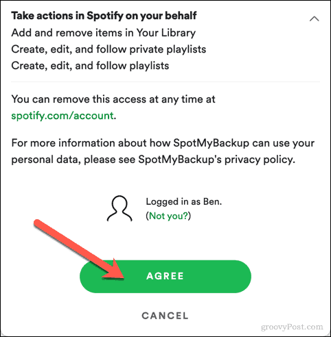 Aprobarea accesului SpotMyBackup la Spotify