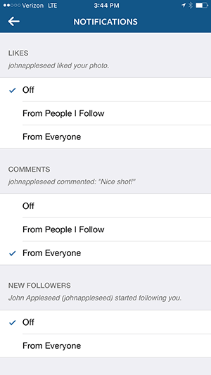 opțiuni de notificare a aplicației instagram pentru iPhone
