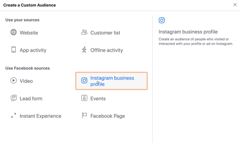 selectați Instagram Business ca sursă pentru publicul personalizat Facebook