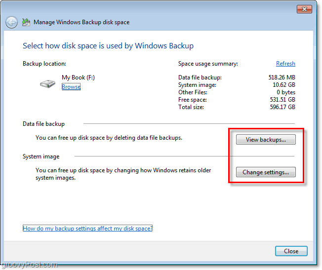 Windows 7 Backup - vizualizați backup-ul sau modificați setările pentru a ajusta dimensiunea