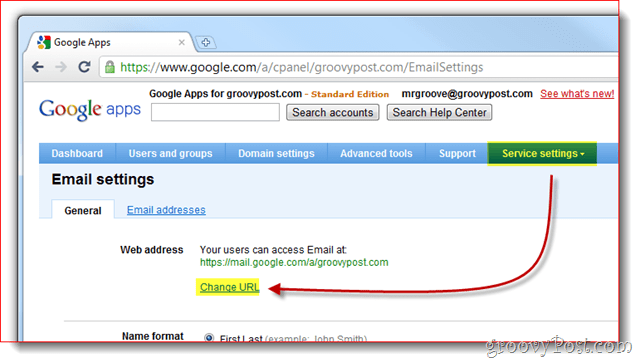 Setările serviciului Google Apps modifică adresa URL