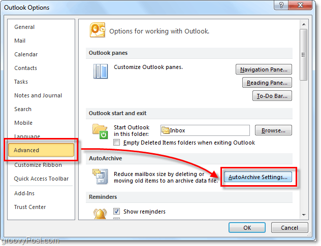 Advanced> Setări autoarhive în Outlook 2010
