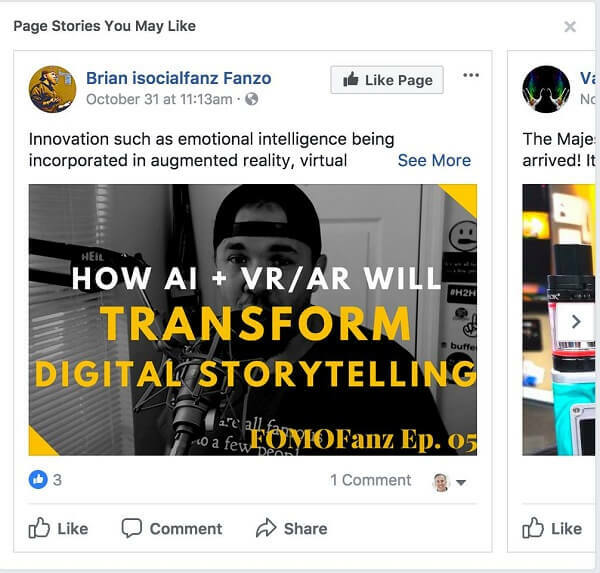 Facebook recomandă „Povestirile de pagini pe care ți-ar putea plăcea” între postările din fluxul tău de știri.