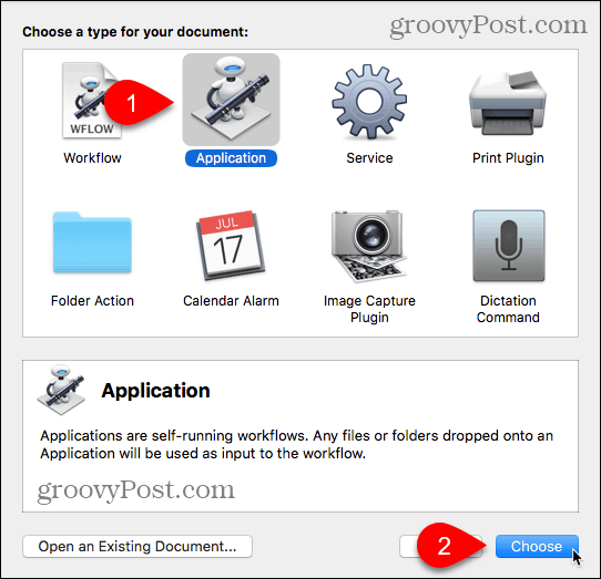 Alegeți tipul de aplicație în Automator pentru Mac