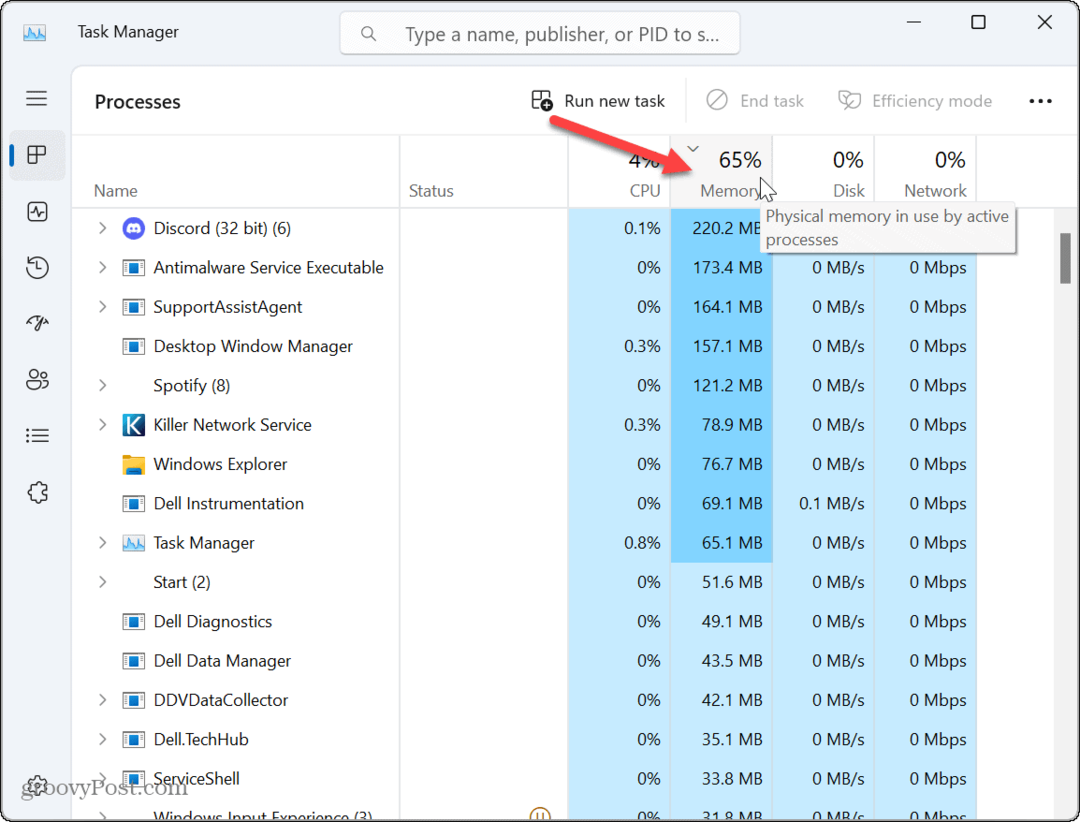 Utilizarea memoriei aplicației pe Windows 11