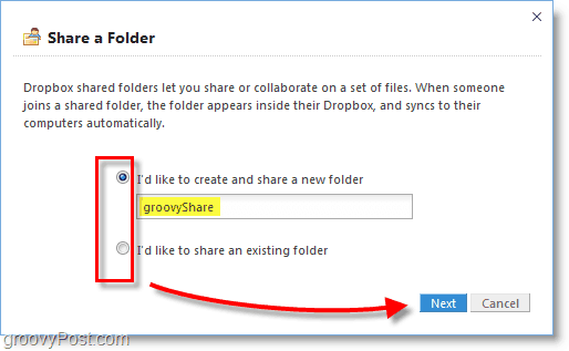 Captura de ecran Dropbox - creați un nou folder de partajare dropbox