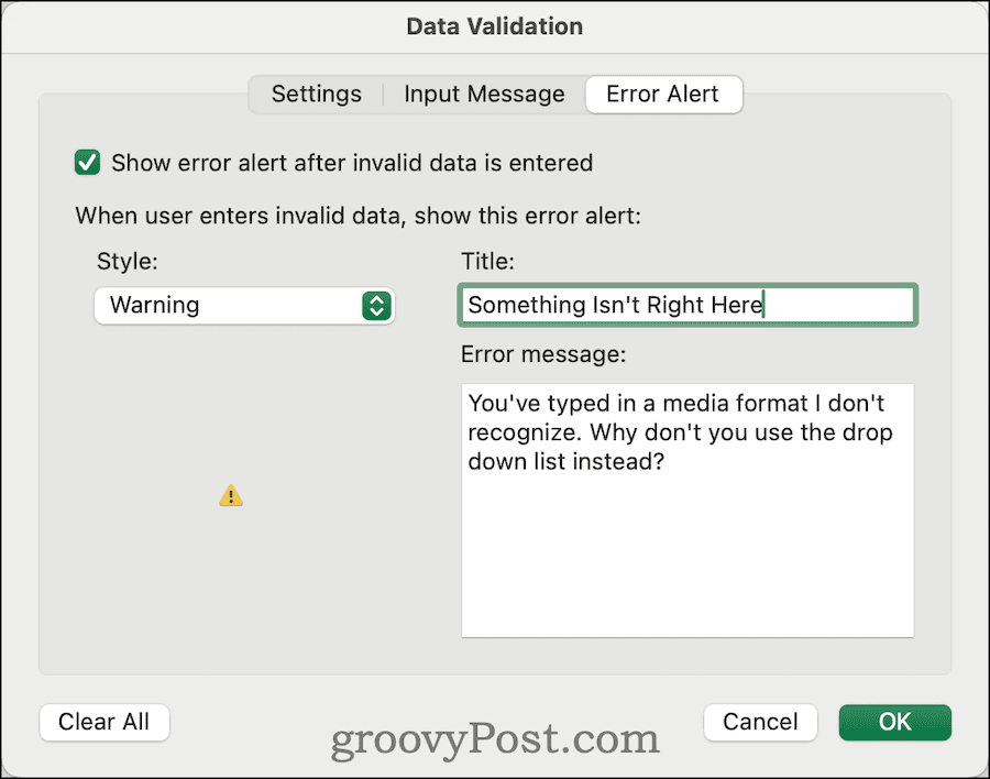 Modificarea alertei de eroare în validarea datelor