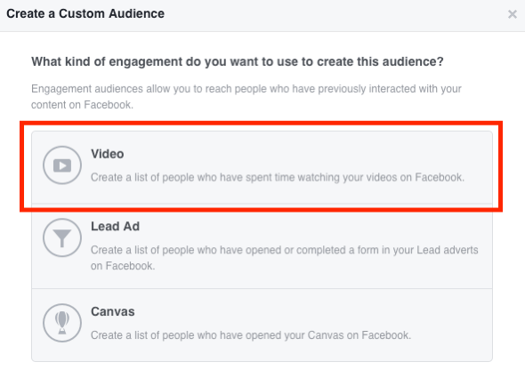 Selectați Video pentru publicul dvs. video personalizat de pe Facebook.