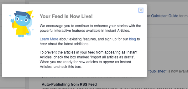Notificare de alimentare cu articole instantanee pe facebook