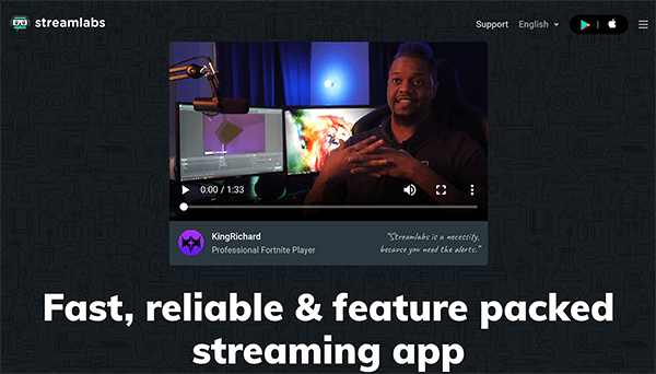 Aceasta este o captură de ecran a site-ului web Streamlabs OBS. Nick Nimmin spune că pentru a transmite în direct cu mai multe camere și pentru a afișa grafică pe ecran, aveți nevoie de software de codificare, cum ar fi Streamlabs OBS. Site-ul are un fundal negru și prezintă un exemplu de livestreamer KingRichard folosind software-ul. Textul de sub acest exemplu este alb și spune „Aplicație de streaming rapidă, fiabilă și dotată cu caracteristici”.