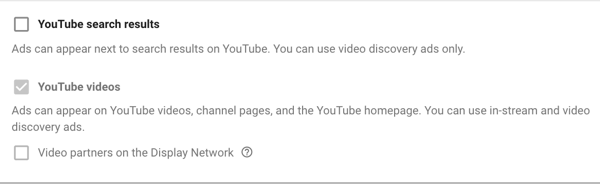 Cum să configurați o campanie publicitară YouTube, pasul 11, setați opțiunile de afișare în rețea