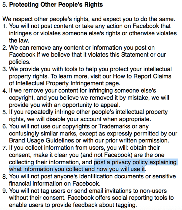 Termenii Facebook care descriu cerința politicii de confidențialitate.