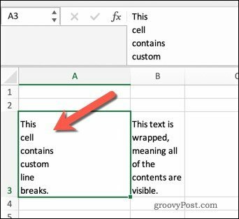 Înfășurarea textului în Excel folosind întreruperi de linie.