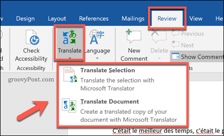 Opțiuni pentru traducerea unui document Word