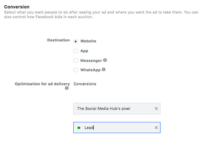 opțiune pentru a selecta un eveniment principal pentru optimizarea obiectivului de conversie în managerul de anunțuri facebook
