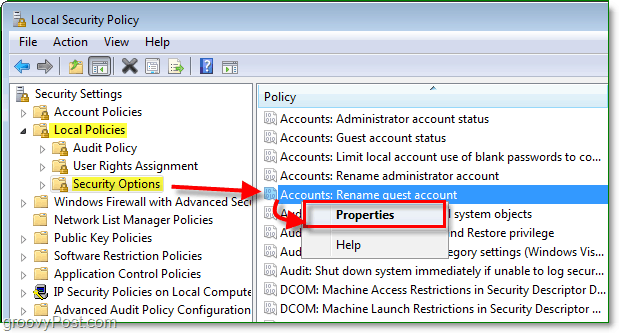modul de modificare a numelui contului de invitat în Windows 7 prin politica de securitate locală