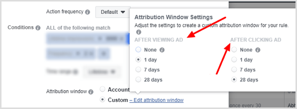 Opțiuni de setare a ferestrei de atribuire atunci când configurați condiția pentru regula Facebook