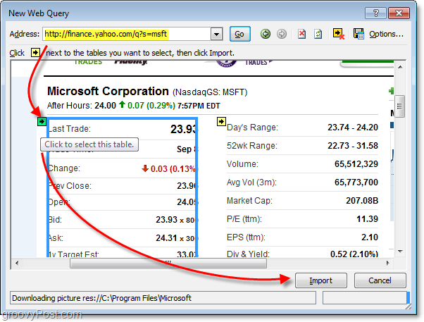 selectați tabele de date pentru utilizare web în excel 2010