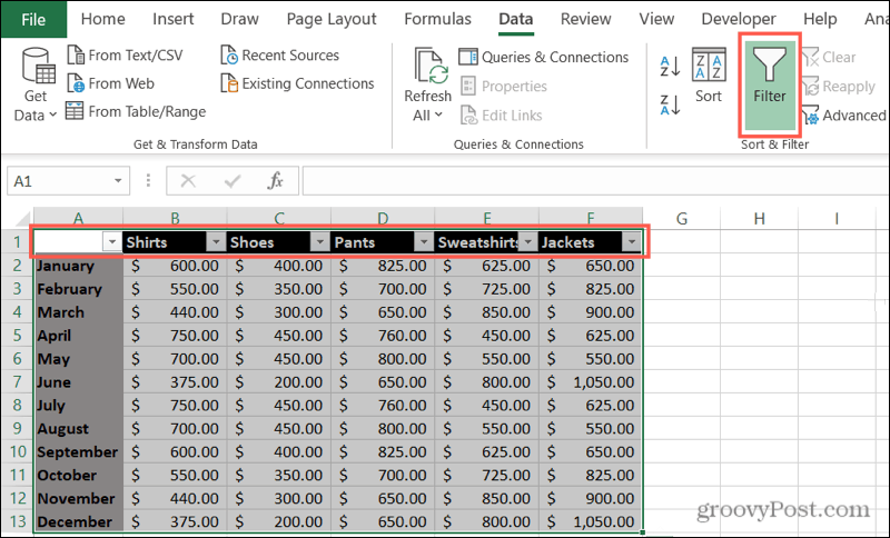 Activați filtrele în Excel