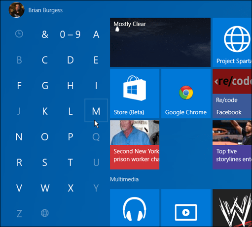 aplicații prin prima literă Windows 10 Start