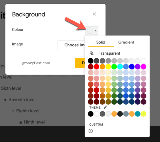 Adăugarea unei culori de fundal la un diapozitiv principal în Prezentări Google