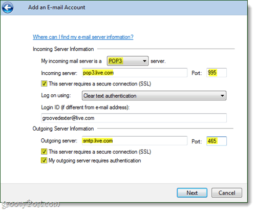 Windows live mail setările contului de e-mail https