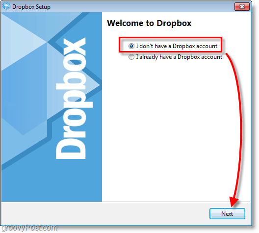 Captura de ecran Dropbox - alegeți să creați un cont nou